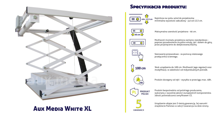 Winda do projektora Aux Media WHITE XL - specyfikacja