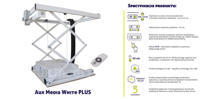 Winda do projektora Aux Media WHITE PLUS - specyfikacja