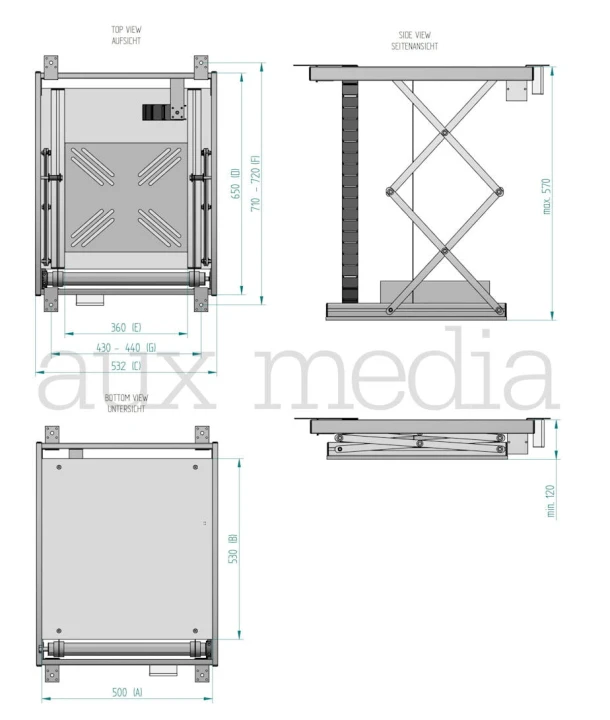 motorized white projector lift Aux Media - dimensions